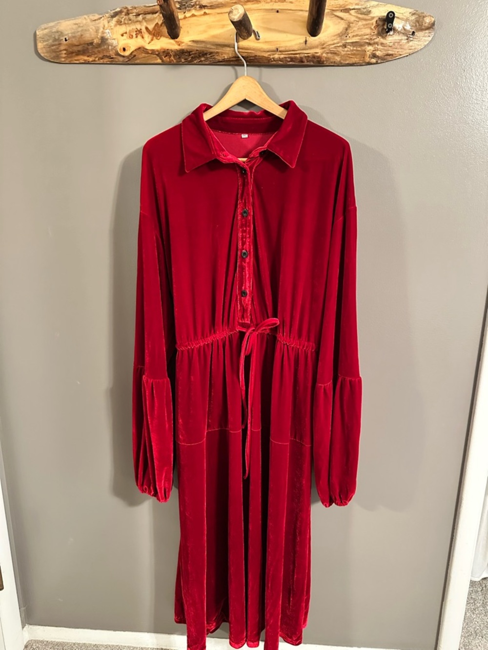 Roomy Red Velvet Button-Front Drawstring Waist Dress 4X